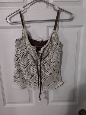 Lucky Brand Cream Crochet Overlay Spaghetti Strap Tank with Brown Lining